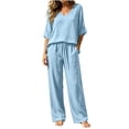 thumbnail image 5 of Zynoxe Linen Sets for Women Two Piece Summer Ruched V-neck Top Wide Leg Pants with Pockets Fashion Lounge Vacation Beach OutfitsLight BlueXL, 5 of 7
