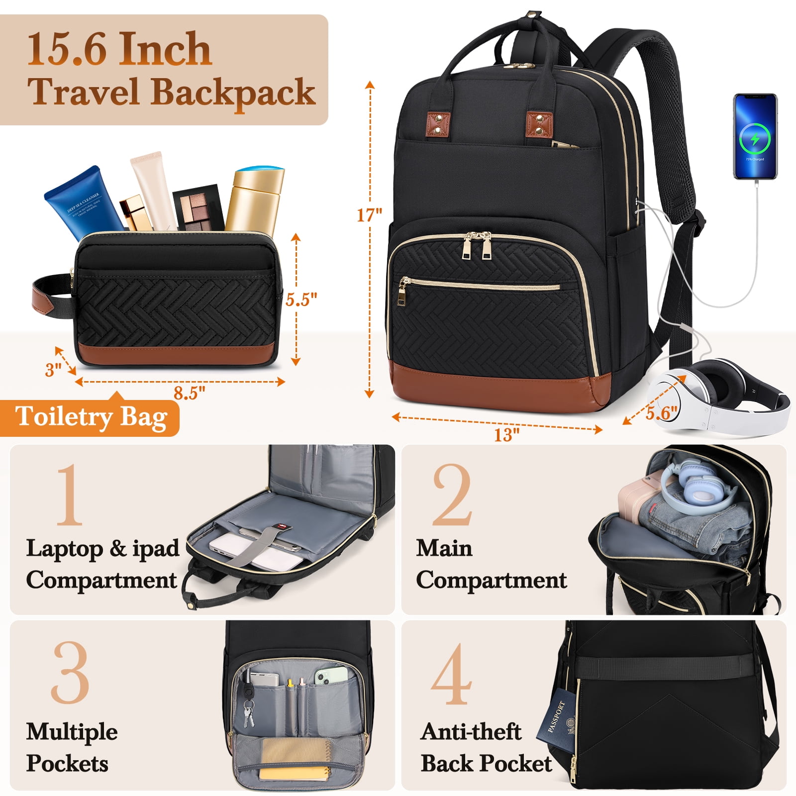 RAINSMORE 3 Piece Carry on Luggage Set with Backpack 20 Inch Softside Suitcases with Wheels Rolling Carry On Suitcase with TSA Lock for Travel Weekender,Black