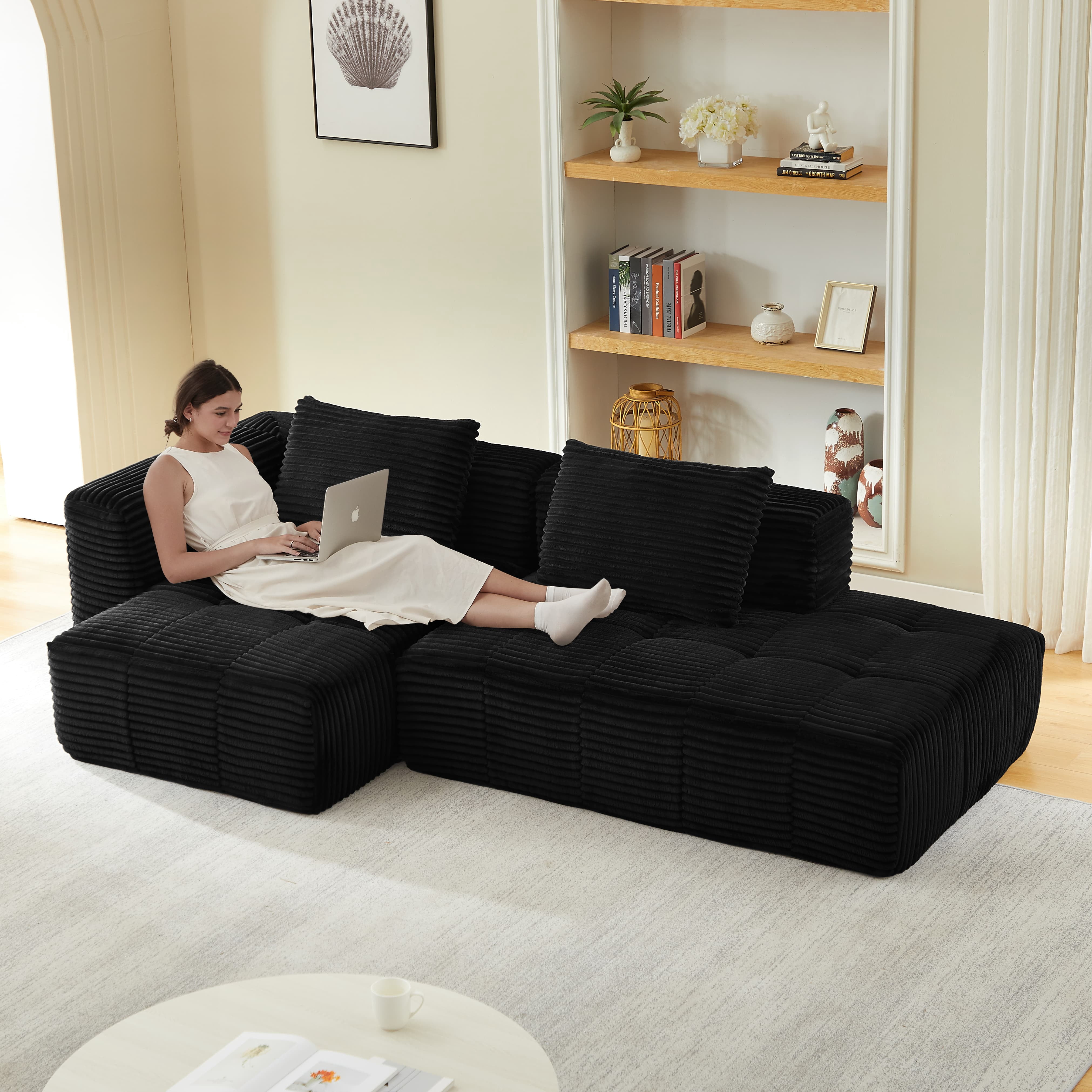 MAYEERTY Corduroy L-Shape Cloud Sectional Chaise Lounge Sofa, Minimalist Modular Couches for Living Room,107*57*33"Black