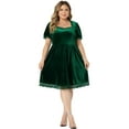thumbnail image 3 of Unique Bargains Women's Plus Size Velvet Lace Trim Short Sleeve Party Dresses 2X Green, 3 of 6