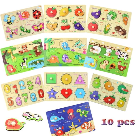 10-Piece Wooden Peg Jigsaw Puzzle for Kids Learning Puzzles Wooden Toys with Alphabets Numbers Animals Vehicles Shapes