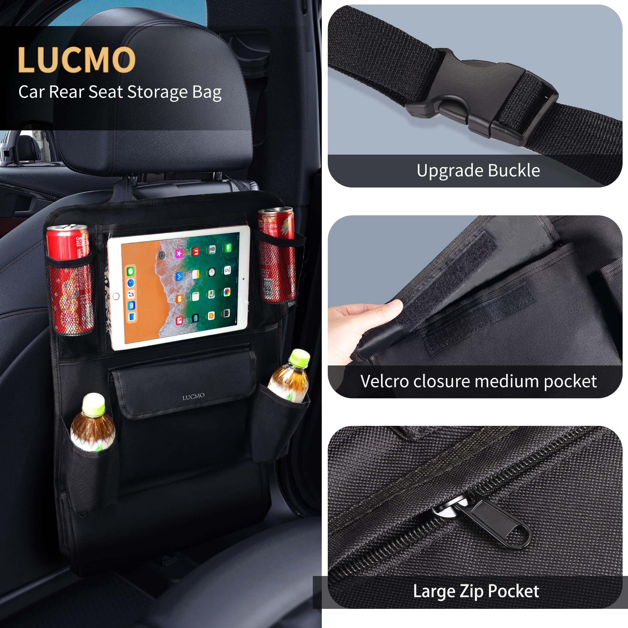 GUANGHUI Car Backseat Organizer with Tablet Holder,6 Storage Pockets Car Storage Organizer with Foldable Food Tray,Protectors Kick Mats Travel Accessories-black