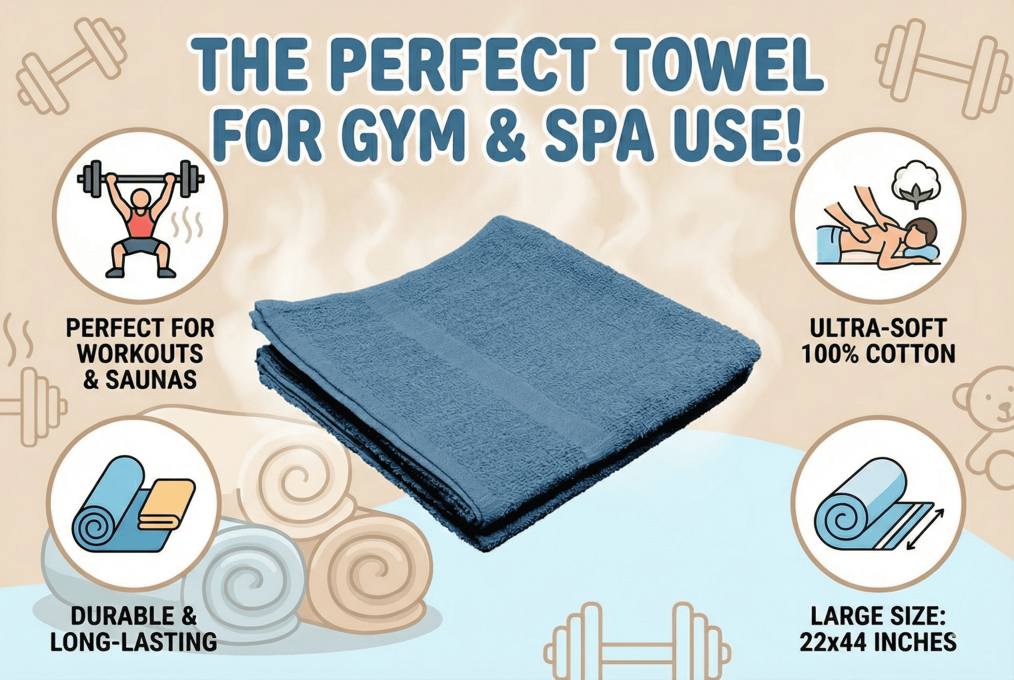 6 Pack 22 x 44 Petite Towels – Thin, Lightweight, 100% Cotton, Solid Blue | Ideal for Gyms, Kids, Spas, Pools, Beaches & Summer Camps