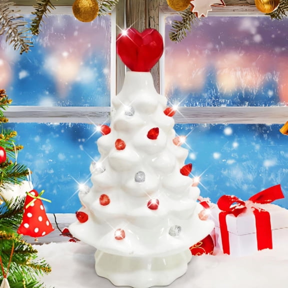 Ceramic Valentine Tree Figurine, Romantic LED Decor with Heart Lights for Tabletop, Tabletop Christmas Tree Ornament, Suitable for Wedding, Valentine's Day Present