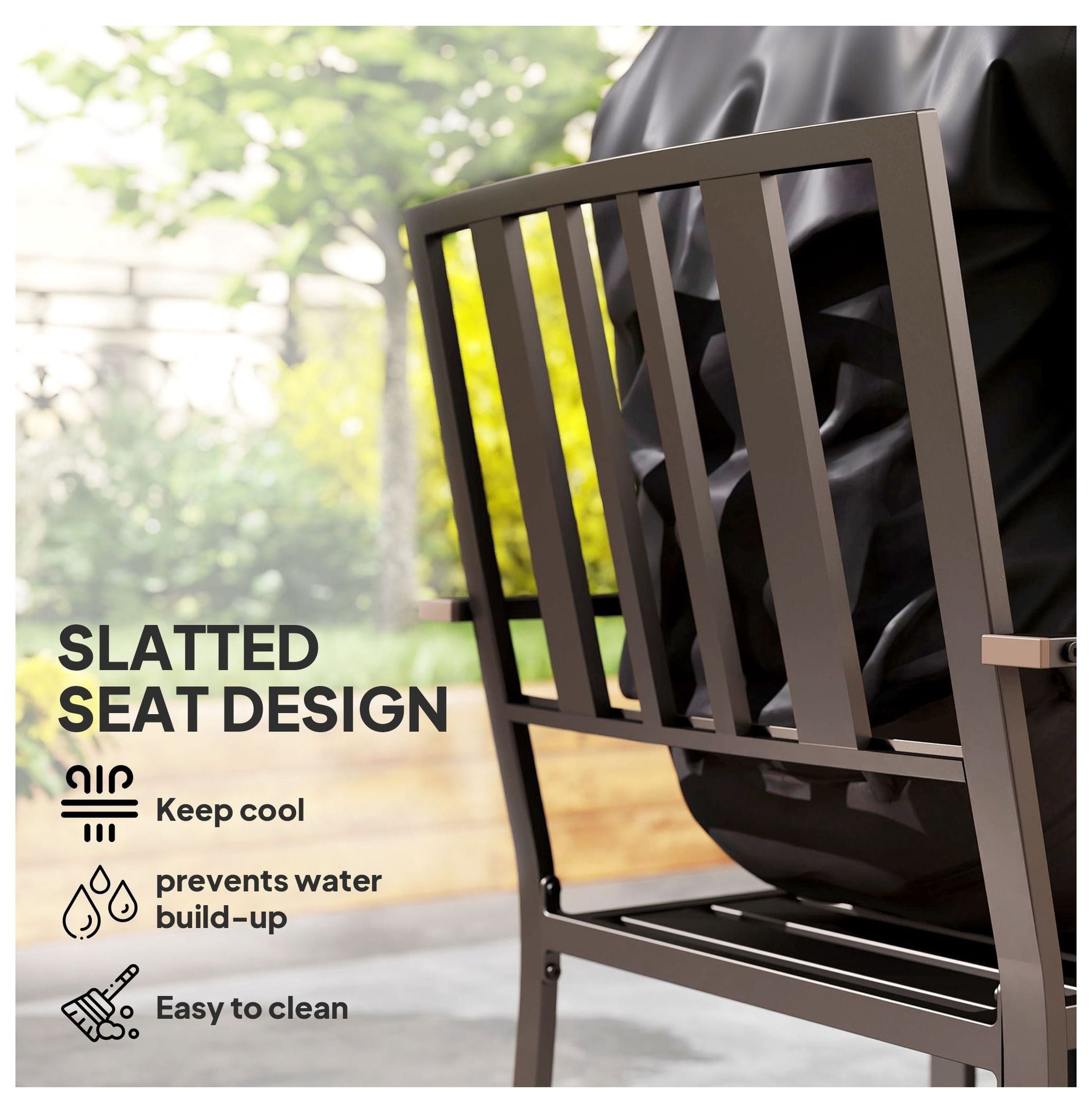 Metal Patio Dining Chairs Set of 2, Dark Brown Slatted Outdoor Chairs