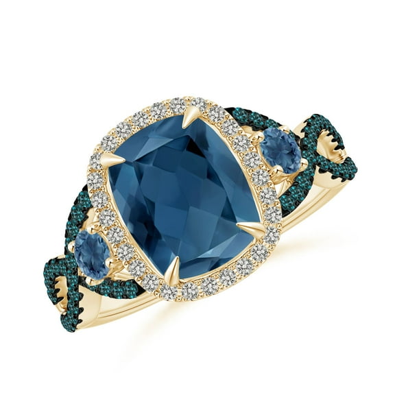 ANGARA Natural Cushion 2.2 ct London Blue Topaz Crossover Ring with Diamond in 14K Yellow Gold for Women (Size-9x7mm) | November Birthstone Jewelry for Women | London Blue Topaz Ring (Ring Size- 7.5)