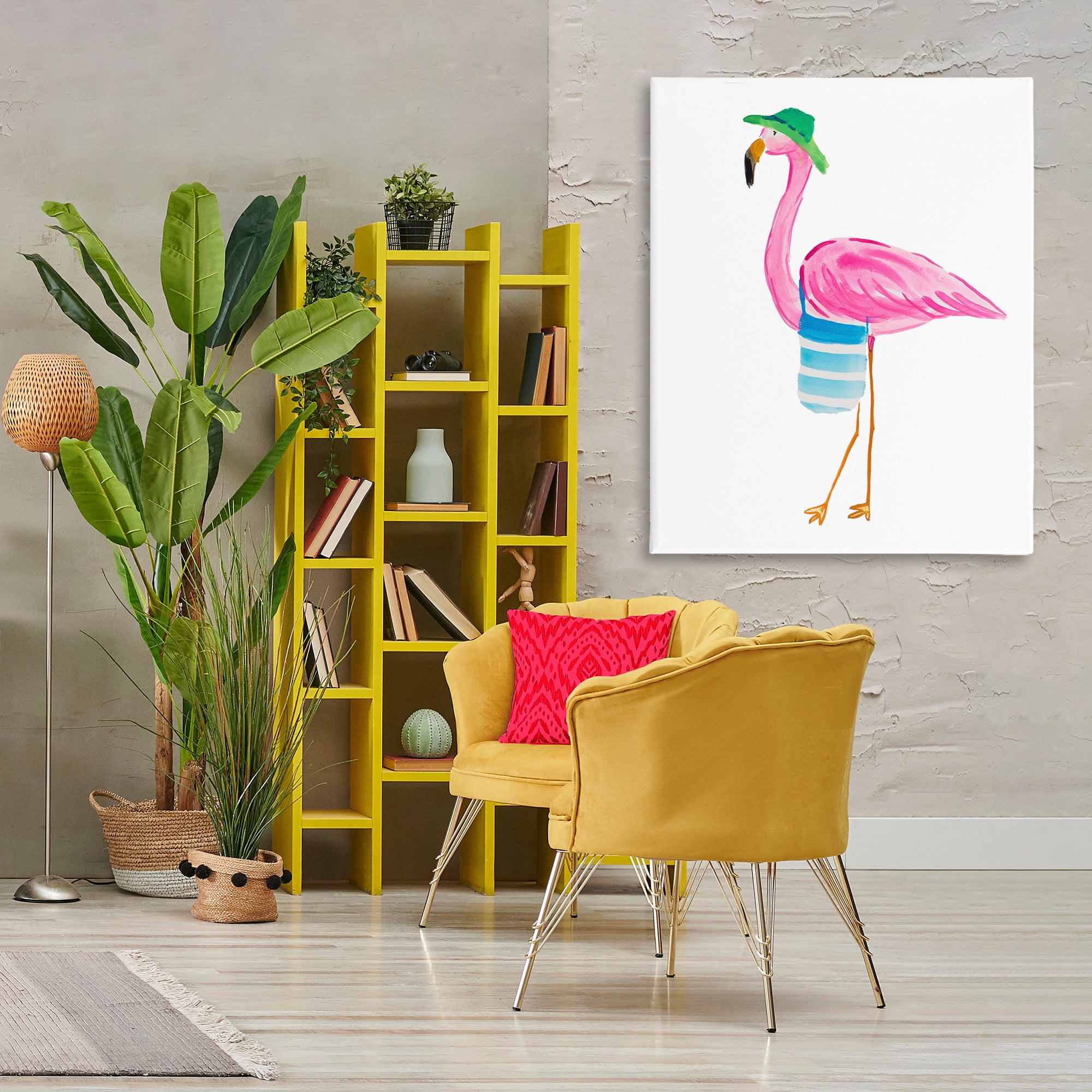 Stupell Industries Flamingo with Beach Tote Animals & Insects Painting Gallery Wrapped Canvas Art Print Wall Art, 36 x 48