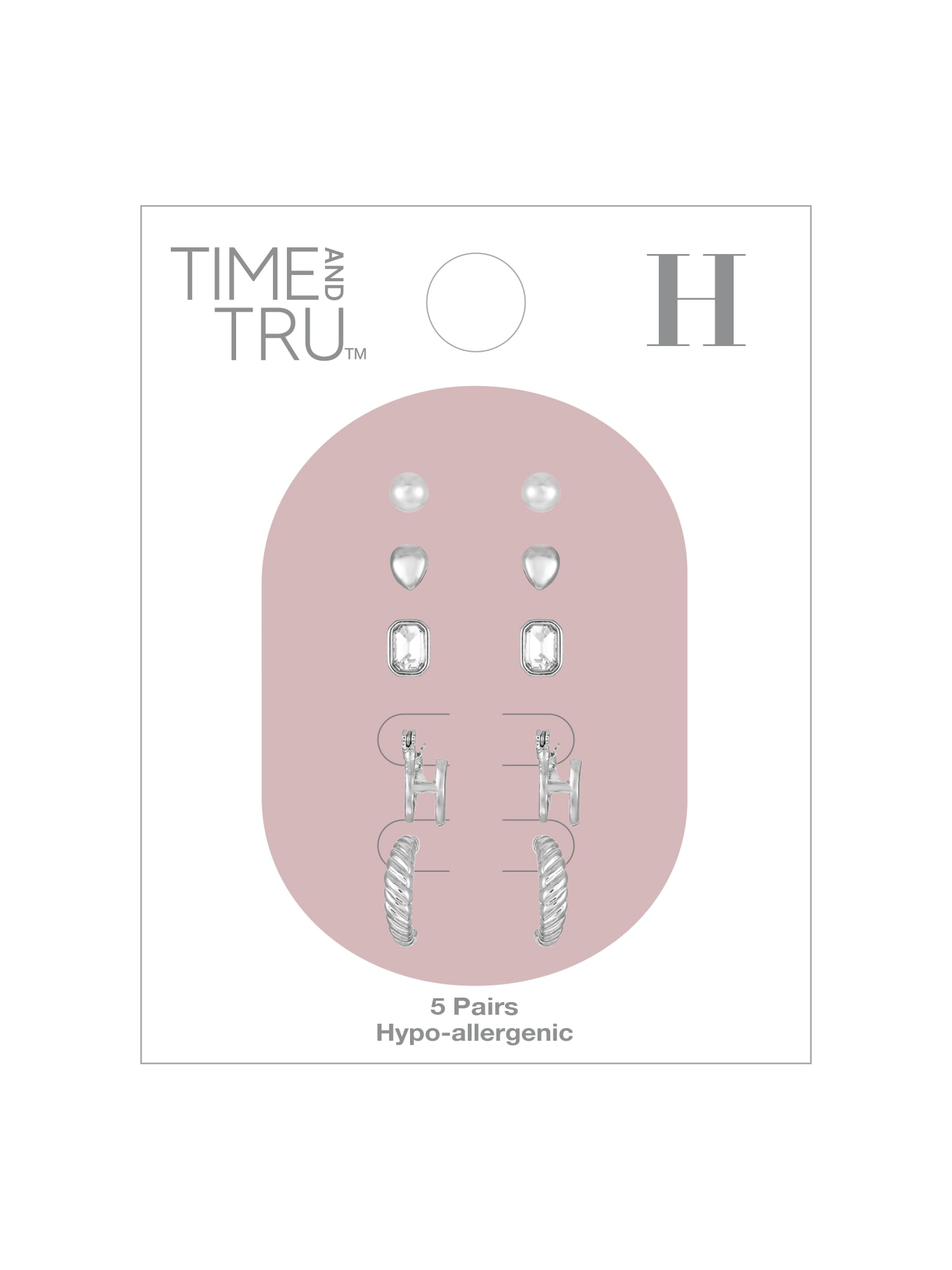 Time and Tru Silvertone Multi Earring Set, 5 Pairs, Initial H