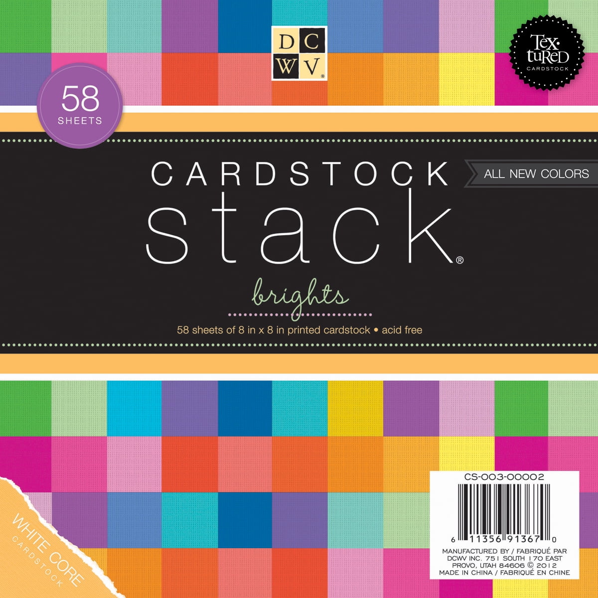 DCWV Cardstock Stack 8"X8" 58/PkgBrights, White Core, 29 Colors/2 Each