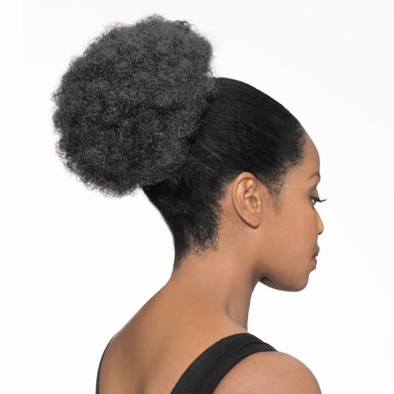 DS007 Afro Ponytail Color 1 Black - Foxy Silver Wigs 8-10" Medium Length Drawstring Hairpiece Extension Synthetic Black Grey Full Bun Womens Bundle MaxWigs Hairloss Booklet