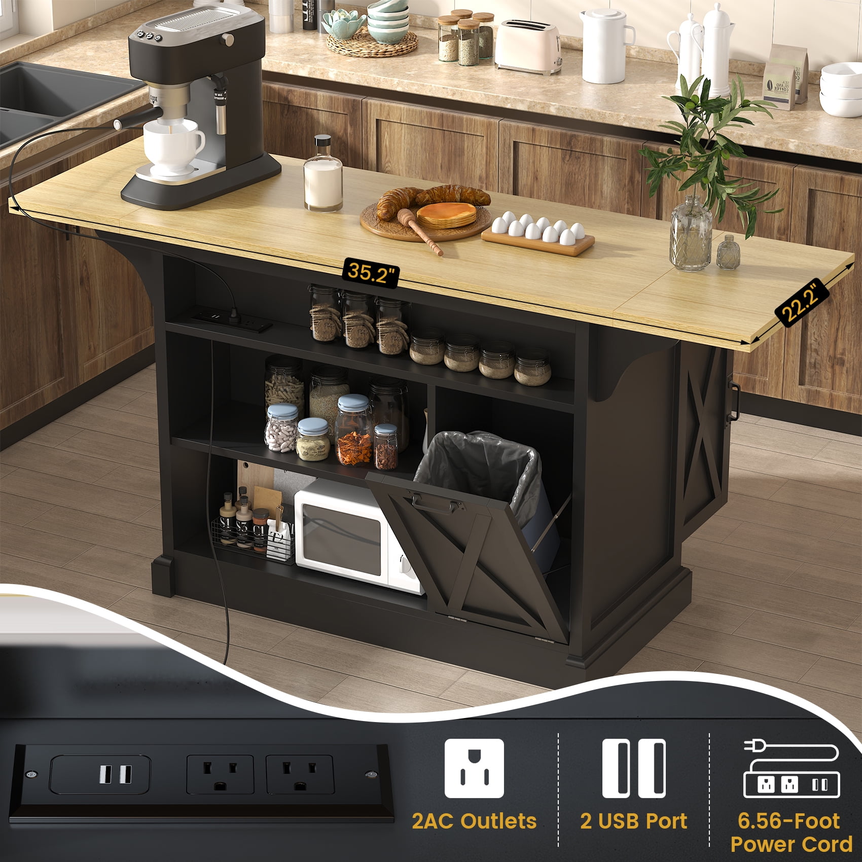 HAUXITIO 71" Kitchen Island with Drop Leaf & Power Outlet, Rolling Cart with 3 Drawers, Trash Cabinet & Storage Racks,Black