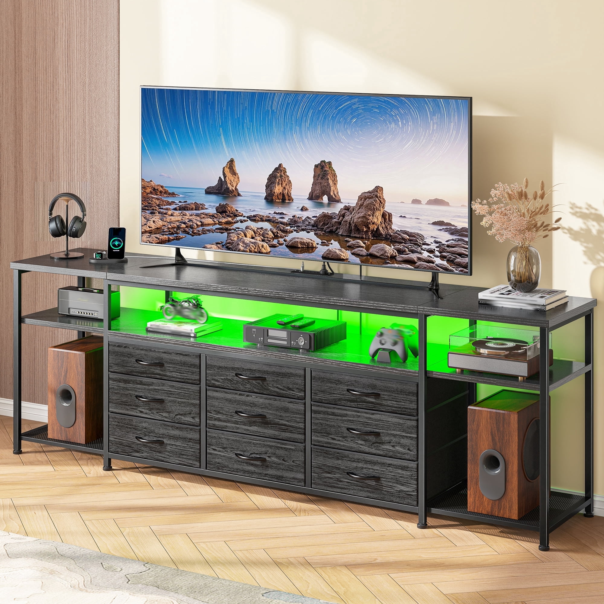 Romorgniz 63" Entertainment Center for Living Room & BedroomLED TV Stand with Power Outlets & LED Lights,9 Fabric Drawers,Open Shelves,Fits 55/60/65/70"TVs,Black