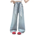 thumbnail image 2 of Baby Girl Pants Girls Summer Tencel Wide Leg Denim Jeans Lace Belt Straight Blue 5-6 Years, 2 of 8
