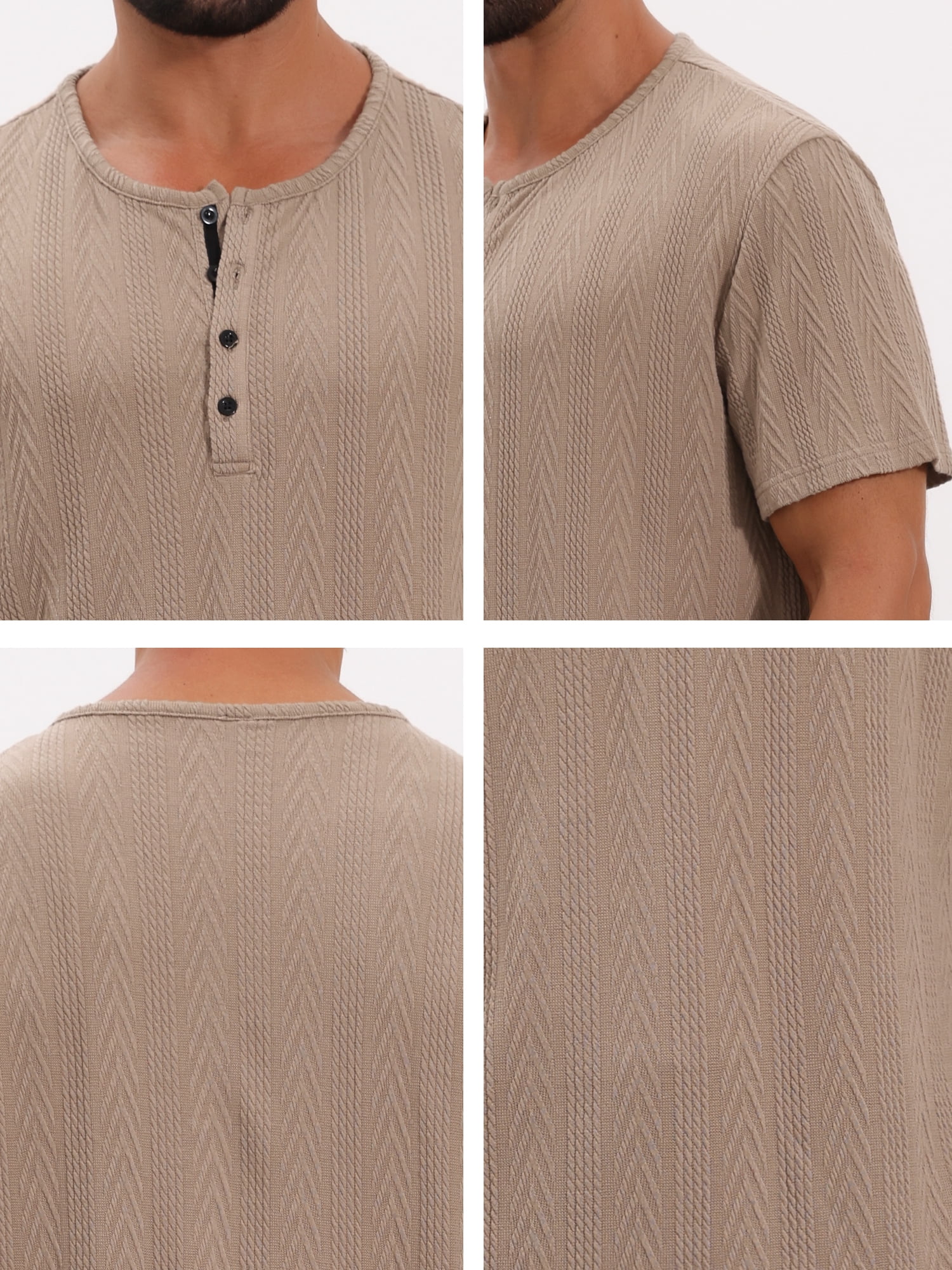 DARING DIVA Men's Henley Short Sleeve Button Down Jacquard Knitted T-Shirt L Khaki