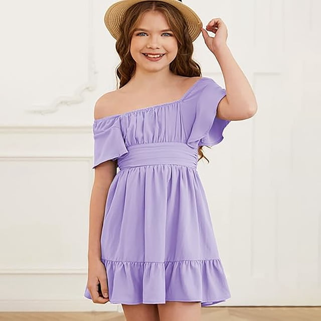 Robe Soleil pour Fille, Robe Chic, Robe Trapèze à Volants, Robe Évasée pour Fille, Robe à Épaules Dénudées, Robes Violettes pour Filles, Robe Chic