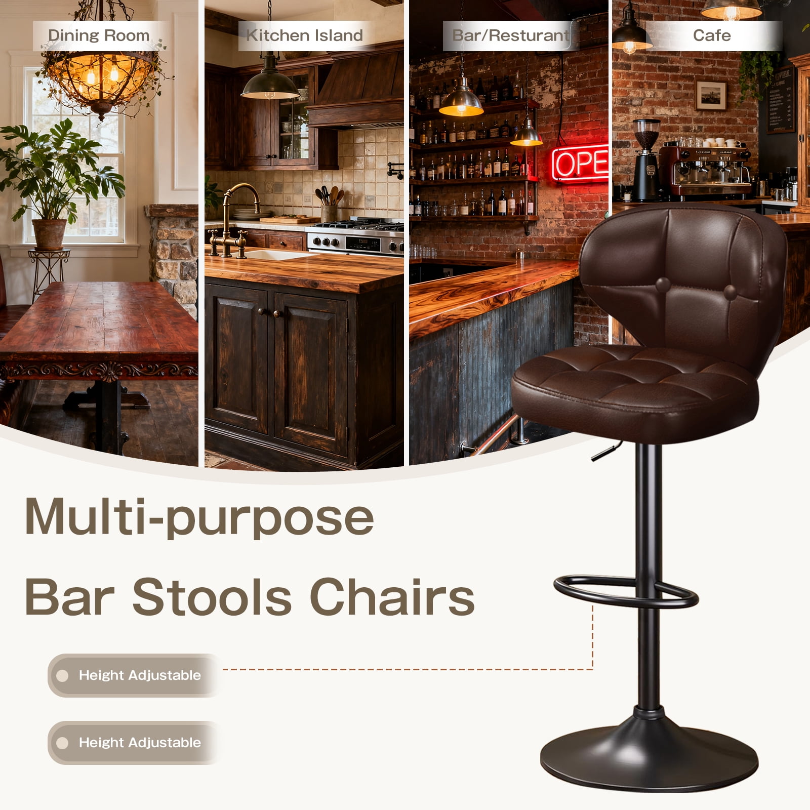 Bar Stools Set of 2, Adjustable Swivel Bar Chairs with 360° Rotation, Padded Counter Stools with Back and Footrest for Kitchen Island, Bistro, Cafe, and Home Use