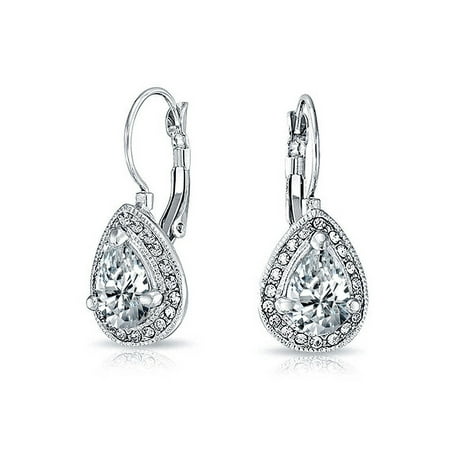 - 2.25CT Bridal Prom Cubic Zirconia Crystal Halo Teardrop Solitaire CZ Leverback Earrings For Women Silver Plated Alloy