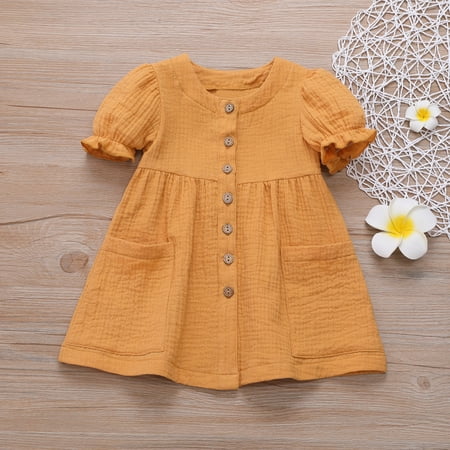 

Huilaibazo Girls Dress Casual Solid Toddler Ruffled Baby Linen Girls Dress Kids Clothes Princess Girls Dress&Skirt