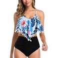 thumbnail image 1 of Women High Waisted Bikini Ruffle Swimsuit Flounce Pom Pom Trim Two Piece Bathing Suit Tassel Blue Leaves (M, 1 of 5