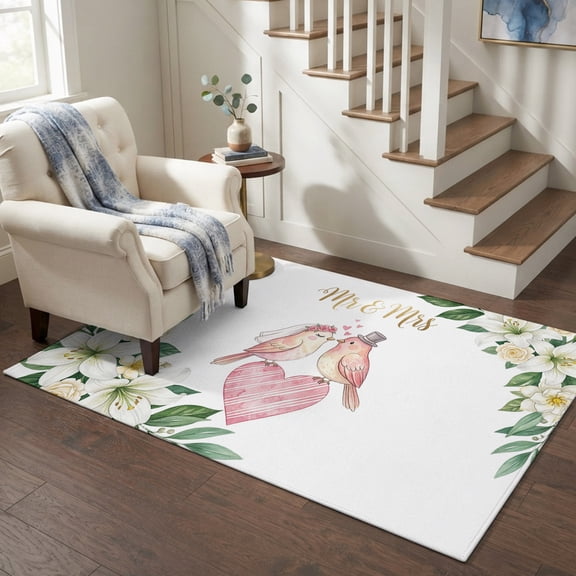 Area Rugs 4'x6'. Birds Flowers Carpet Runner Indoor Outdoor Rugs Home Decor Aesthetic, Spring Wedding Love Heart Botanical Leaf Non Slip Mats Washable Accent Rug for Living Room Bedroom