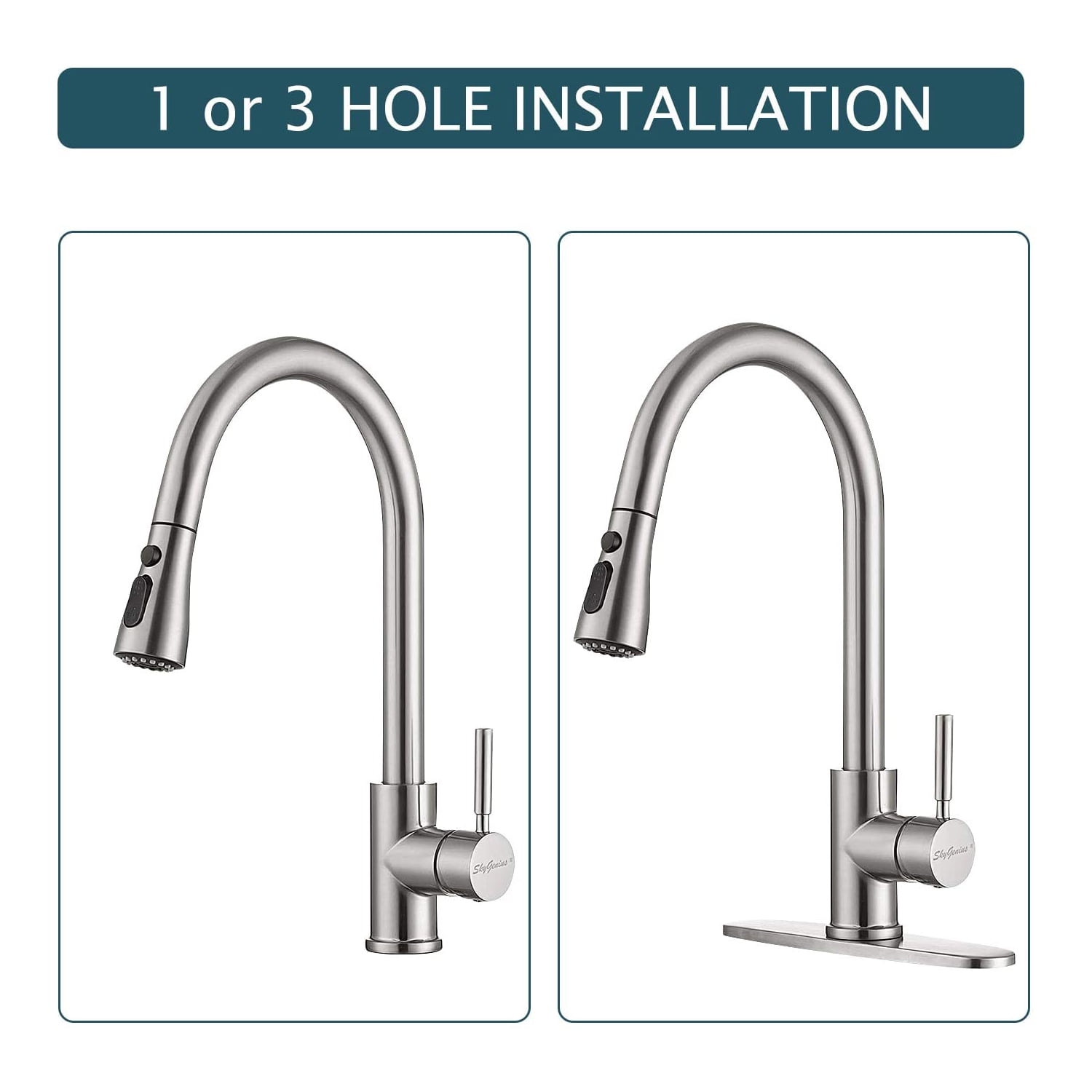 SkyGenius Pull Down Kitchen Faucet with Sprayer Deck Plate Single Handle Sink Faucet, Brushed Nickel