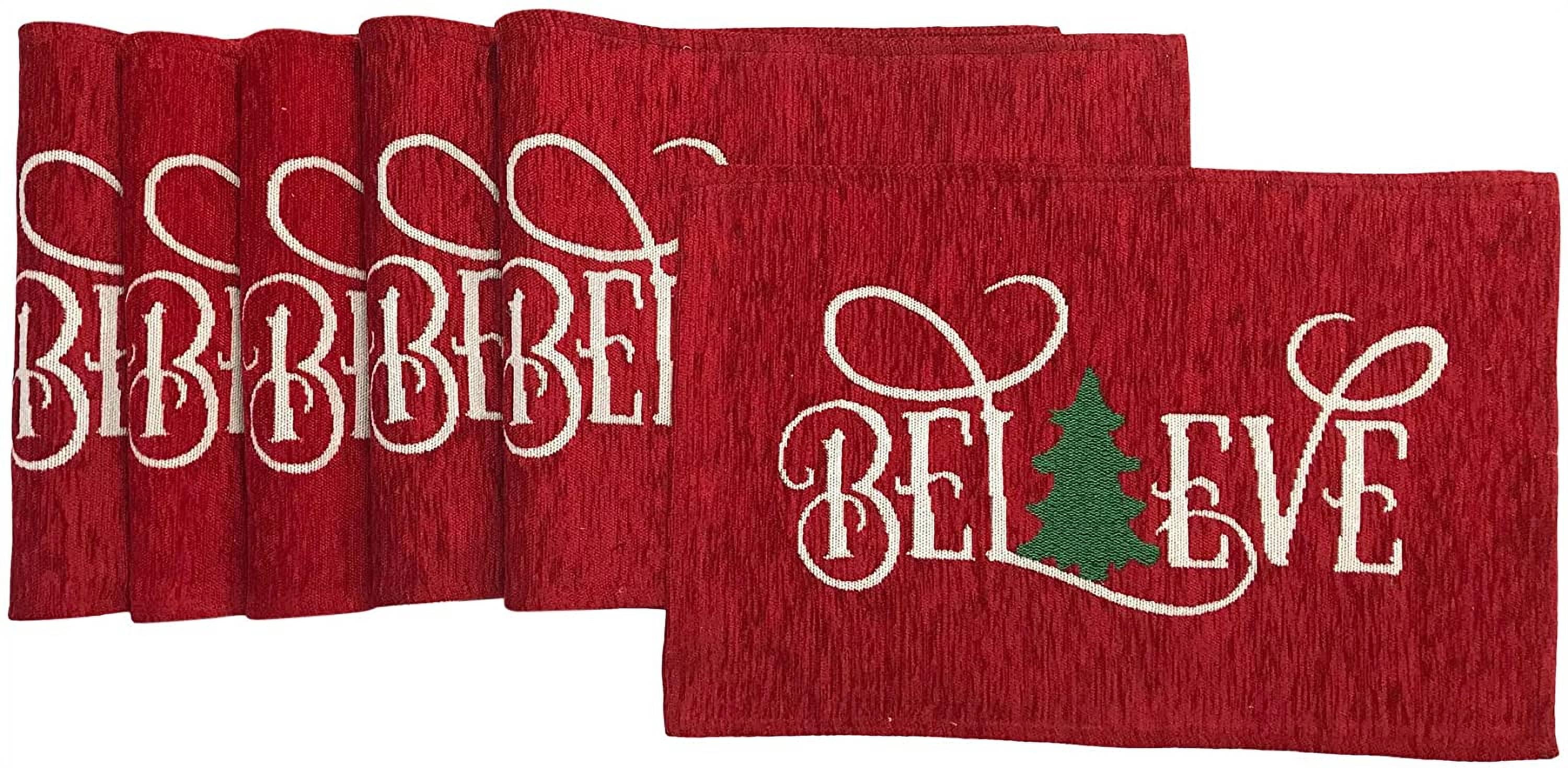 Fancy Fun Chenille Textured Christmas Placemats, Set of Six (6) Tapestry Weave Fabric, for Holiday's, Christmas, Winter Seasons (Believe)