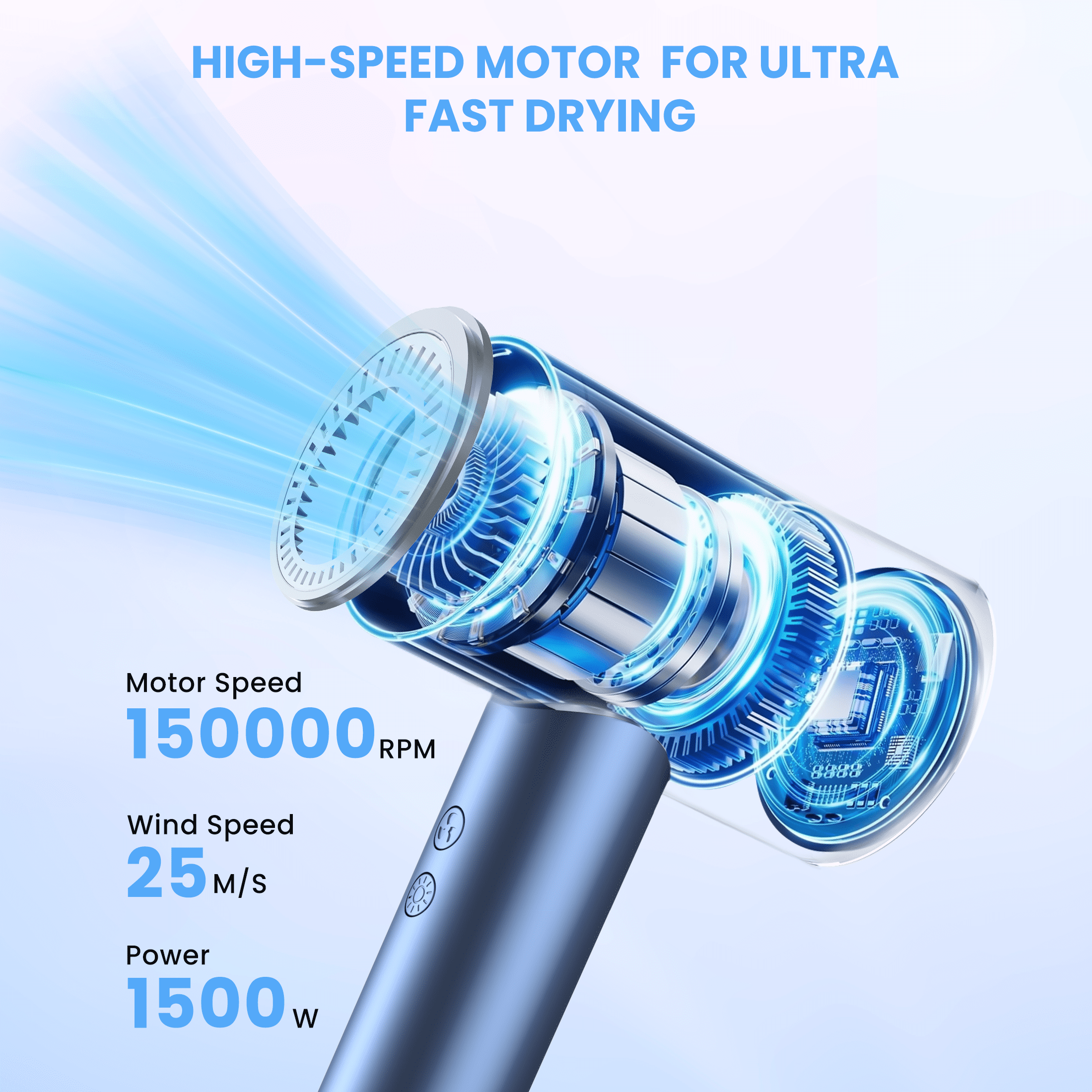 Professional High Speed Hairdryer with 150,000 RPM Motor for Fast Drying, Ionic Blow Dryer, 5 Temps/3 Speeds Lightweight Hairdryer with Magnetic Nozzle for Home Travel