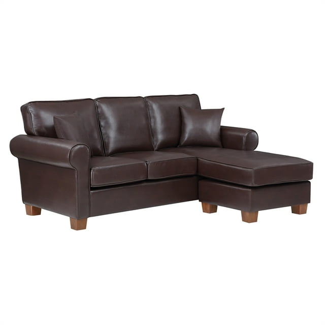 OSP Home Furnishings Rylee Rolled Arm Sectional in Cocoa Faux Leather with Pillows and Coffee Legs