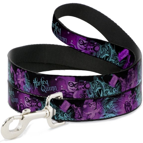 DC Comics Pet Leash, Dog Leash, Harley Quinn Pow Aiming Poses Joker Black Turquoise Fuchsia, 4 Feet Long 0.5 Inch Wide