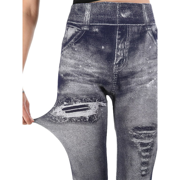 HIMONE Fashion Jeggings for Women Denim Print Seamless High Waisted Elastic  Leggings Skinny Distressed Pants 