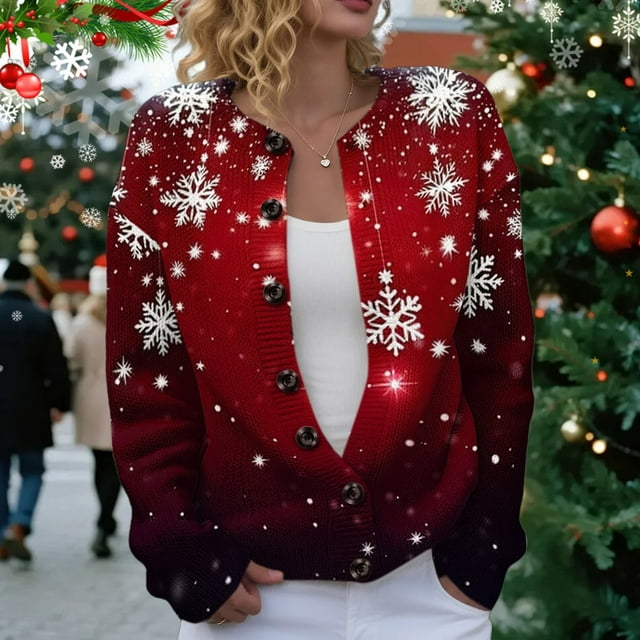 Winter Plus Size Fall Sweaters for Women Women Christmas 3d Snowflake Button Deer Plush Sweater Cardigan Features: Wine M
