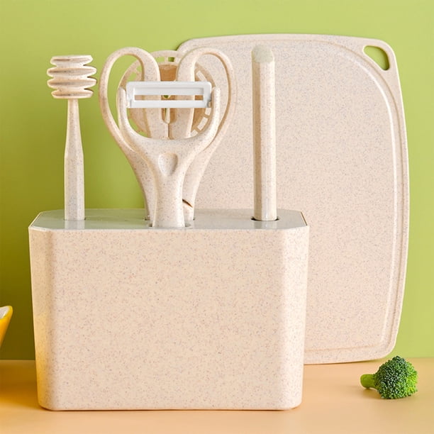 Juego de herramientas de cocina multifuncional | Colección de utensilios de cocina de 6 piezas: tabla de cortar, bloque de cuchillos, cuchillo de frutas, separador, tijeras, raspador de melón