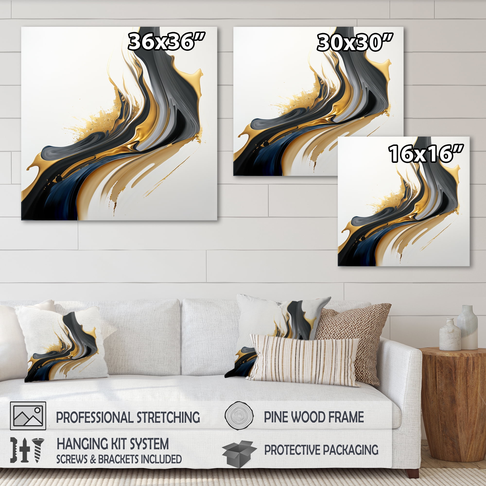 Designart Black, White And Gold Liquid Art II Canvas Wall Art