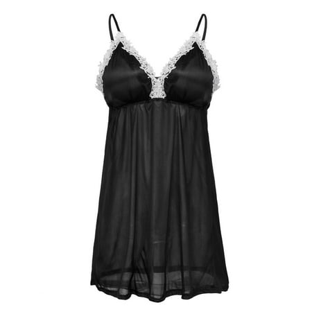 

YWDJ Pajamas for Women Soft Comfy New Women V-Neck Lace Lingerie Silk Satin Sleepwear Nightdress Underwear Thong Black S