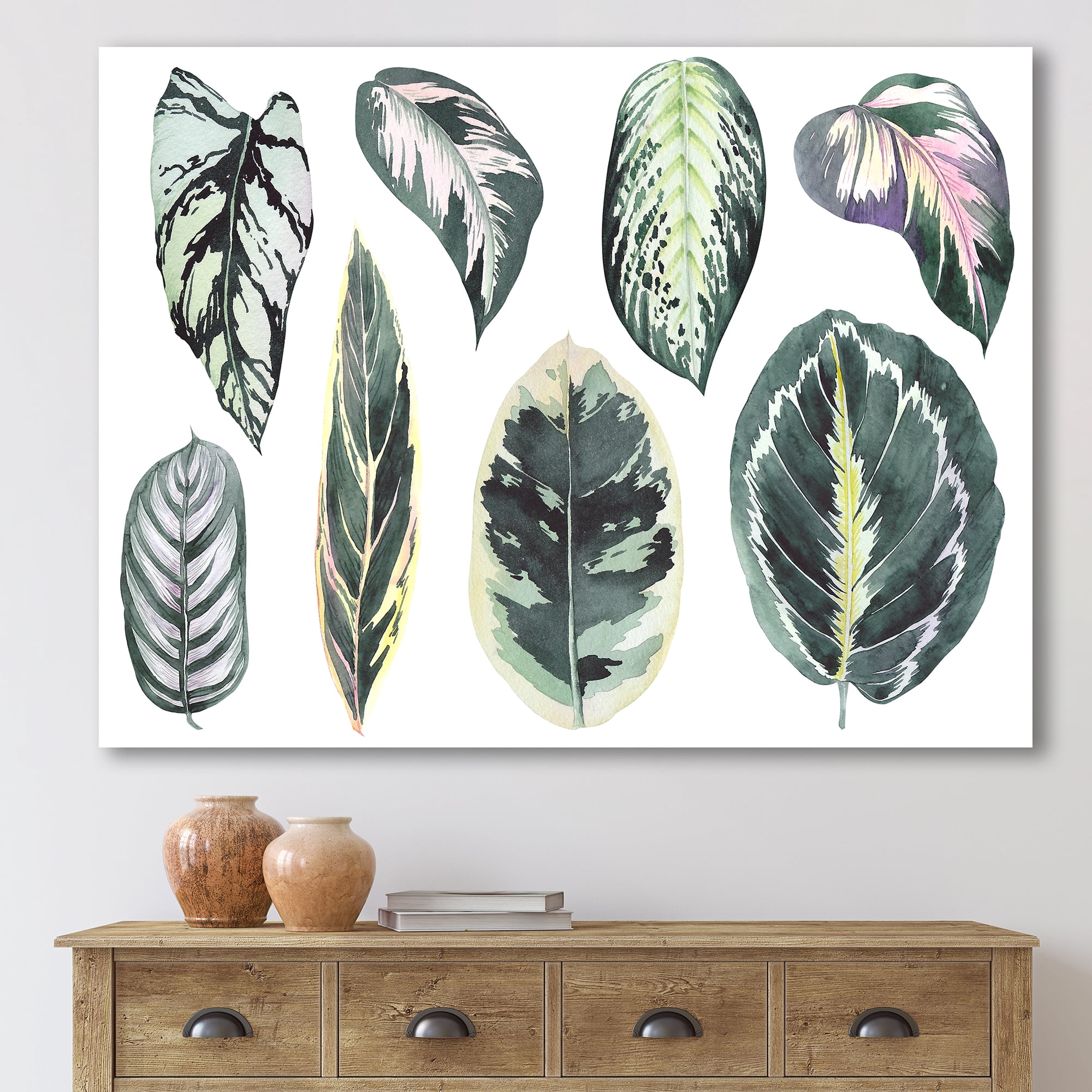 Designart ' Tropical Calathea Leaves On White ' Bohemian & Eclectic Canvas Wall Art Print