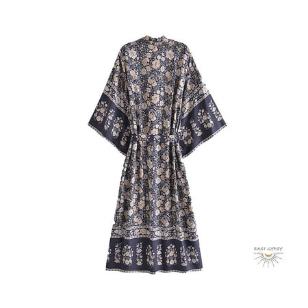 

Mysterious Blue Floral Women s Kimono - Long Lightweight Robe for Women