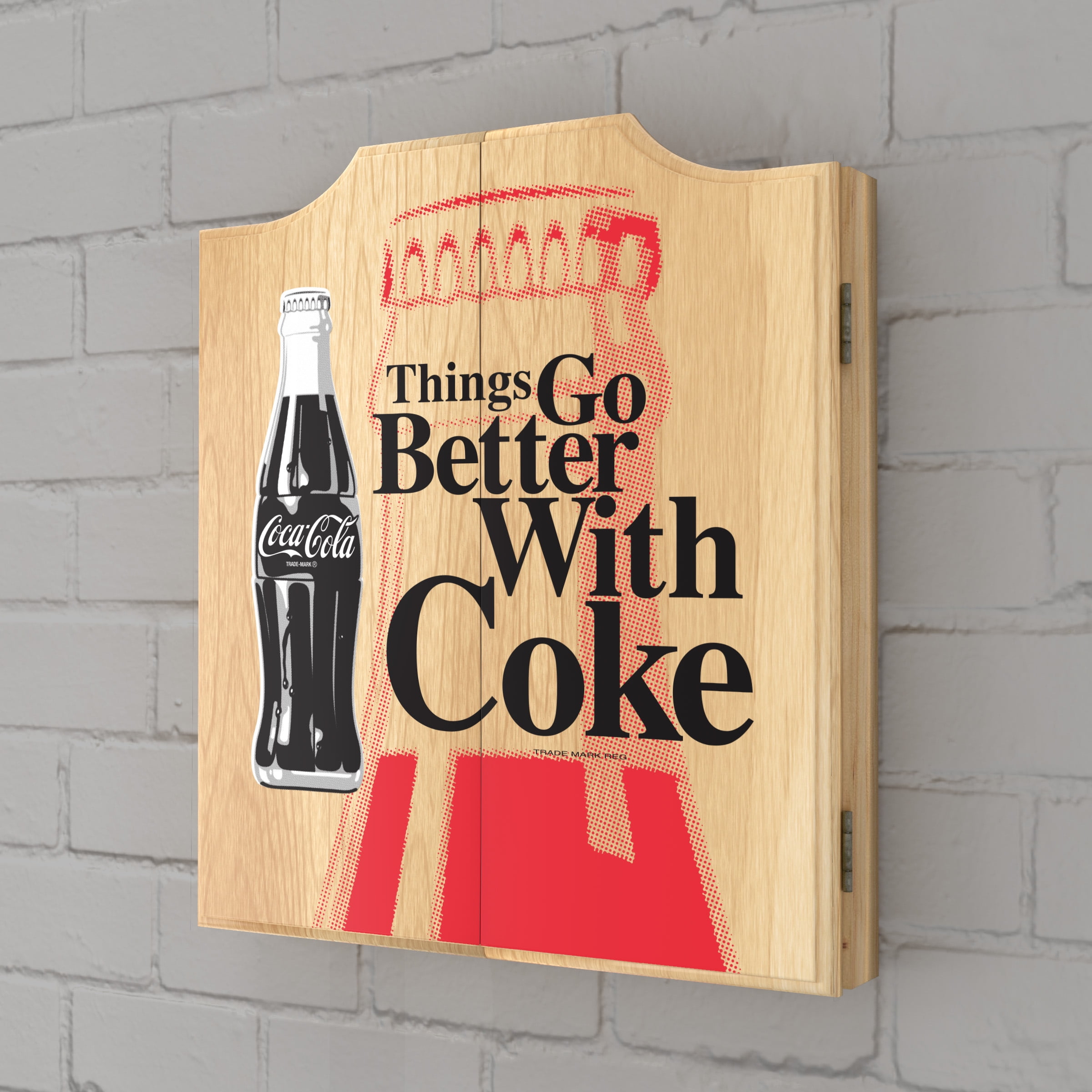 Coca-Cola Things Go Better with Coke Bottle Art Dart Board Cabinet Set with 6 Steel Tip Darts