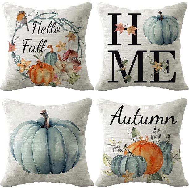 Juego de 4 fundas de almohada de otoño de 18 x 18 pulgadas con estampado de calabaza de acuarela, tonos cálidos, decoración de granja, Acción de Gracias, hogar, otoño, funda de cojín para sofá