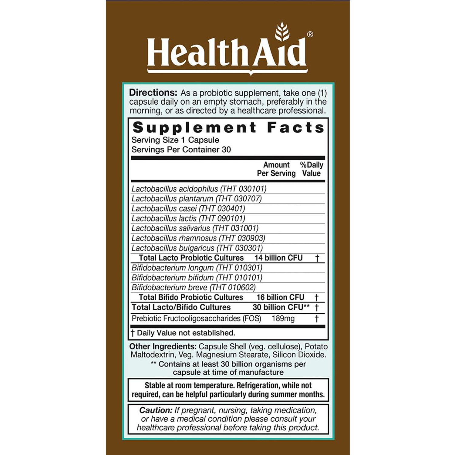 HealthAid AdultsProbio 10 Strains, Once Daily, 30 Billion with Prebiotic, Acid & Bile Resistant Strains, 30 Capsules