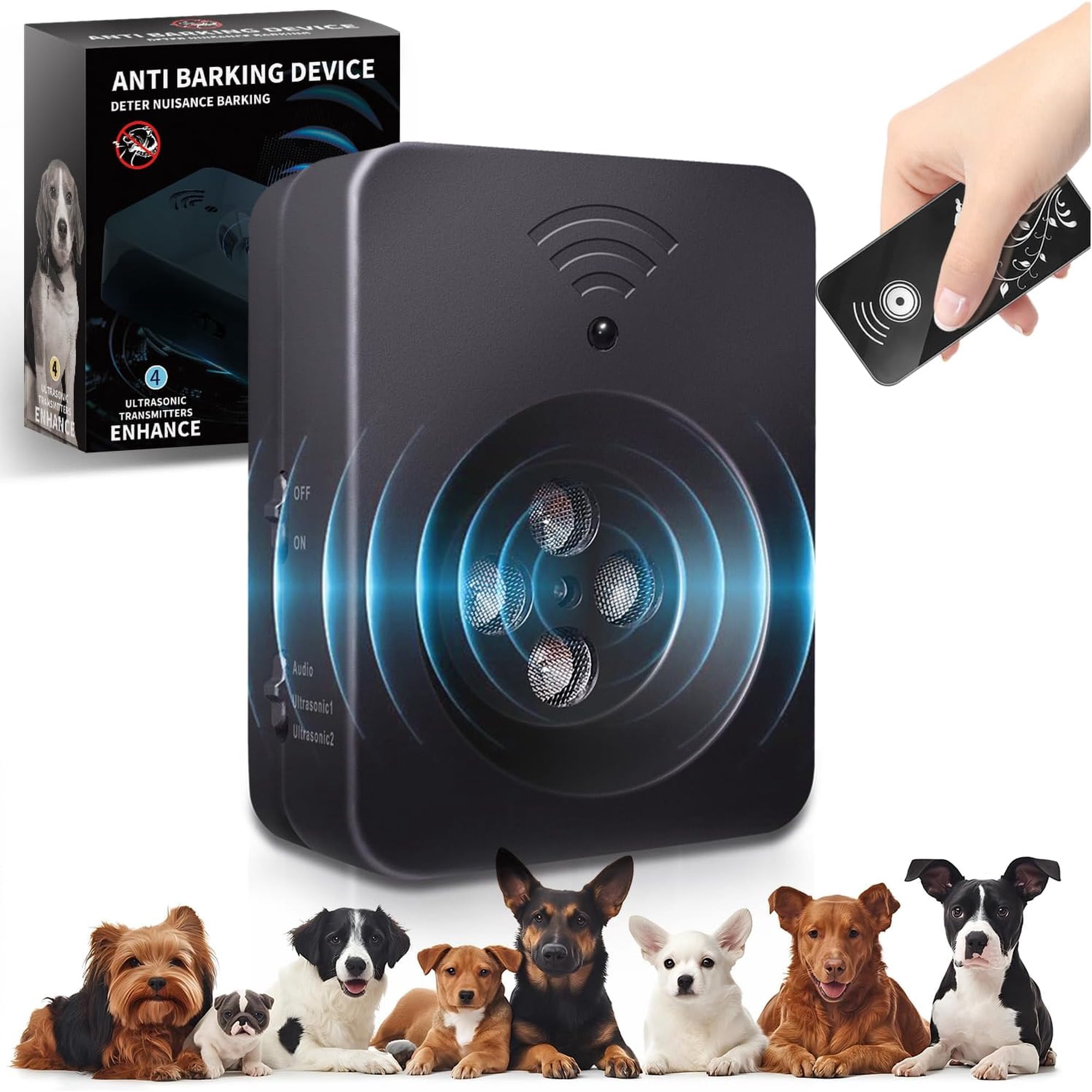 Anti Barking Device, 50ft Long Range Dog Bark Deterrent with Ultrasonic Sensors, Rechargeable Indoor/Outdoor Bark Box (3 Modes)