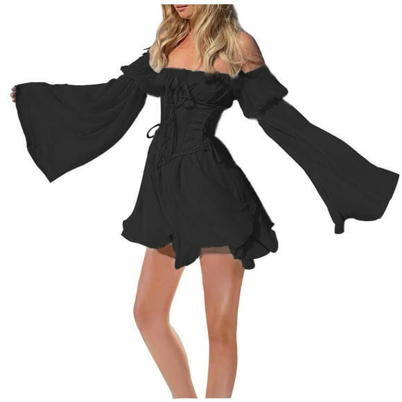 XDZJLR Women Dresses Chiffon Off Shoulder Flare Sleeve Lace Up Corset Solid Flowy Mini 2Pcs Skirt