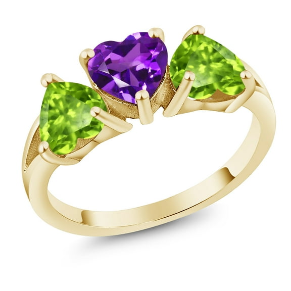 Gem Stone King 3.23 Cttw Purple Amethyst and Green Peridot 18K Yellow Gold Plated Silver 3-Stone Ring for Women | 6MM Heart Shape | Gemstone Birthstone (Size 5)