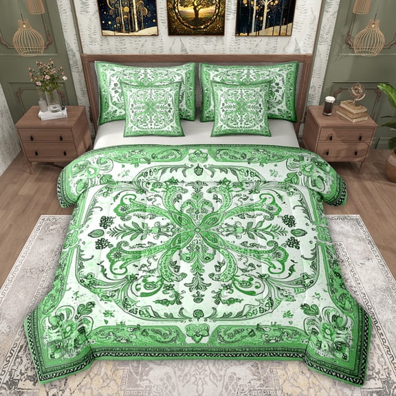 Feelyou Green Hippie Damask Bedding Comforter Set 7pcs for Women, Retro Boho Paisley King Bedding Sets, Southwestern Fashion Reversible Bed Sheets, Ultra Soft Bedroom Decor