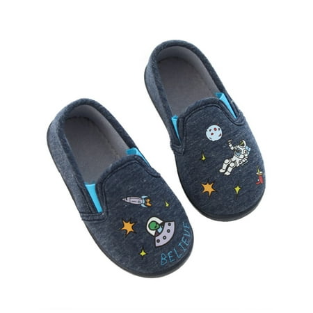 

Zodanni Toddler Cozy Space Print Slippers Boys Winter Warm Casual Flat Cartoon Slipper Cute House Slides Navy Blue Space 11C