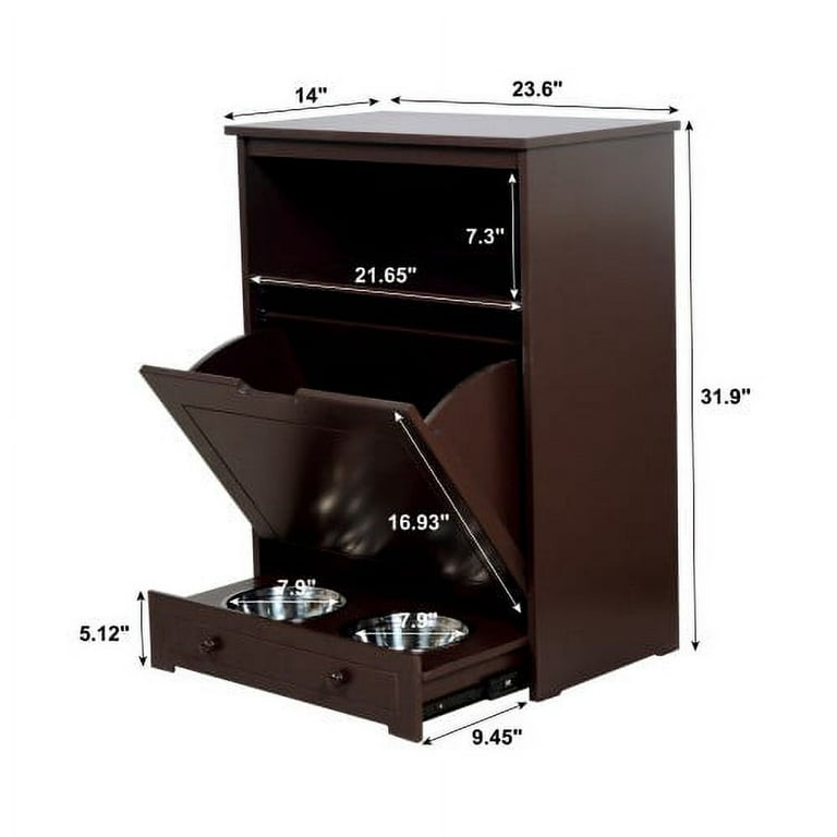 Pet Food Feeder Station Storage Cabinet with Double Pull Out Dog Bowl,  Wooden Dog Food Storage and Feeding Station, Dog and Cat Toy Bin Storage