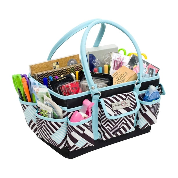 Everything Mary Teal Geométrico Deluxe Store and Tote - Bolsa organizadora de almacenamiento para manualidades, costura, papel, arte, escritorio, suministros de lona, organización de almacenamiento