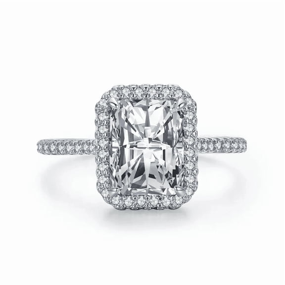 CAUER 14K White Gold Plated Emerald-Cut Moissanite Halo Ring for Women, Statement Jewelry Gift for Birthday, Anniversary, Wedding, Valentine’s Day, with Certificate and Lifetime Warranty
