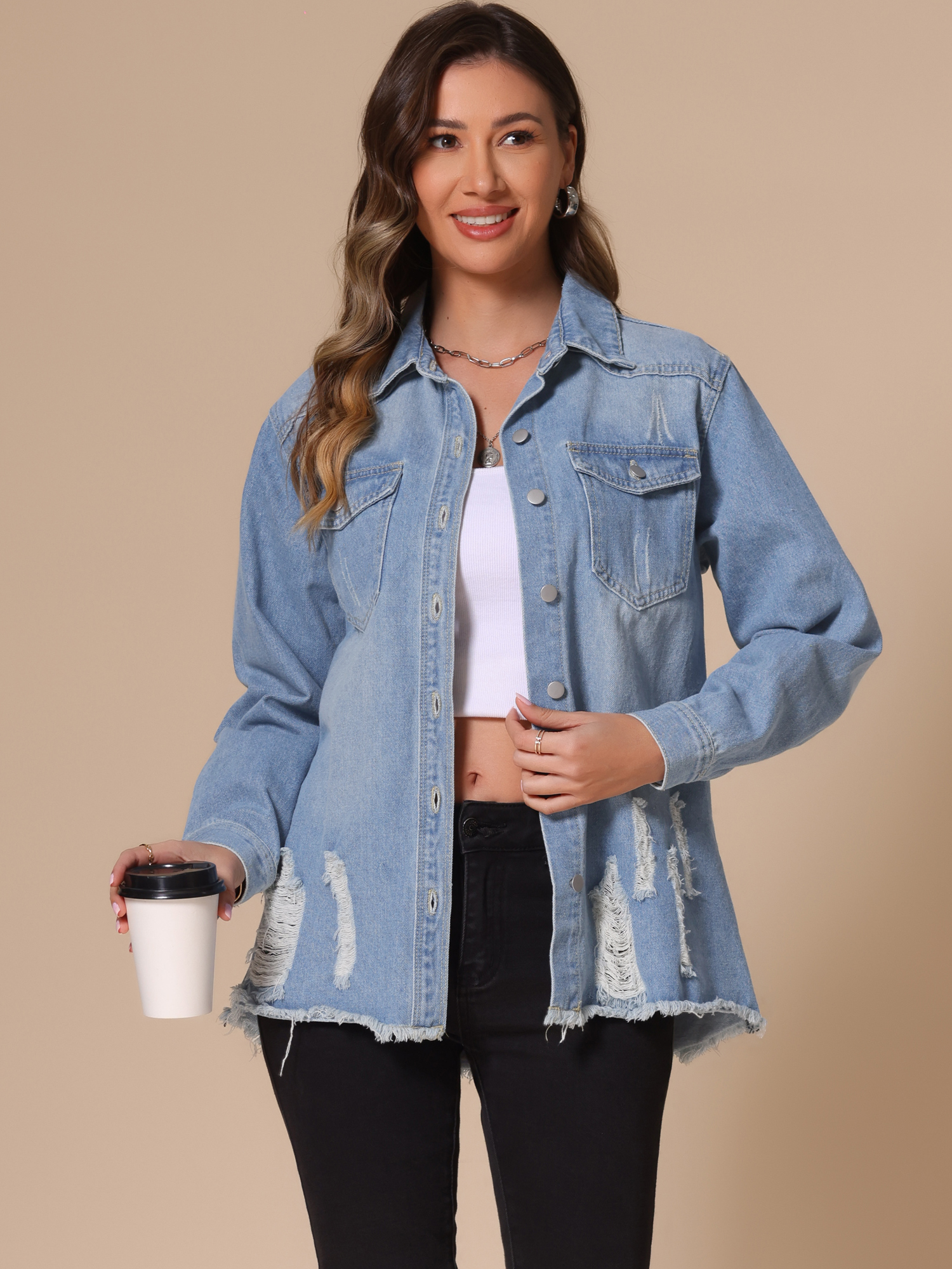 DARING DIVA Women's Frayed Hem Ripped Distressed Denim Jacket XS Light Blue