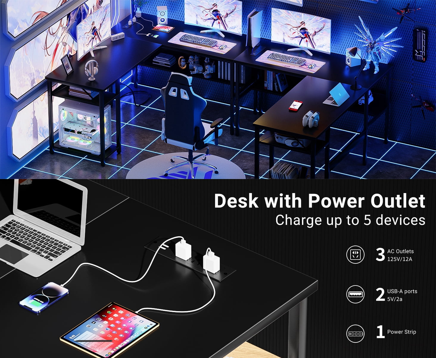 iSunirm Home Office Desk Adult Lap Desks, 42.5 x 50.4 in, Black, L Shaped Computer Desk with Magic Power Outlets and USB Charging Ports