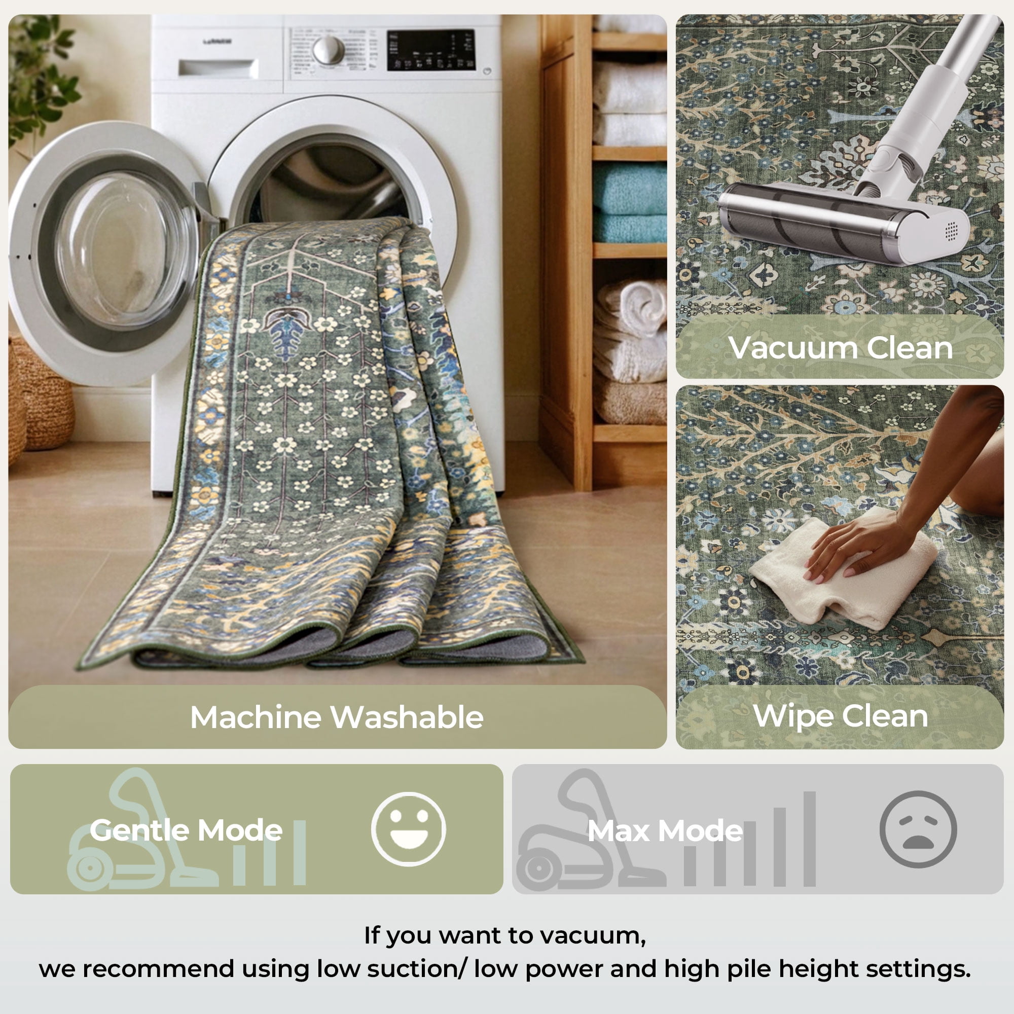 Washable Oriental Rug, 8x10 Sage Green Boho Botanical Floral Vintage Carpet, Soft Large Indoor Rug for Living Room, Bedroom, Office, Playroom